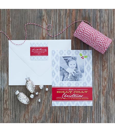 Diamond Ikat Holly Printable Holiday Photo Card - Grey and Red